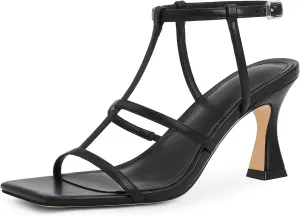 Modatope Strappy Sandals Women Square Toe Ankle Strap Kitten Stiletto Heeled Sandals Open Toe T-Strap Gladiator Sandals
