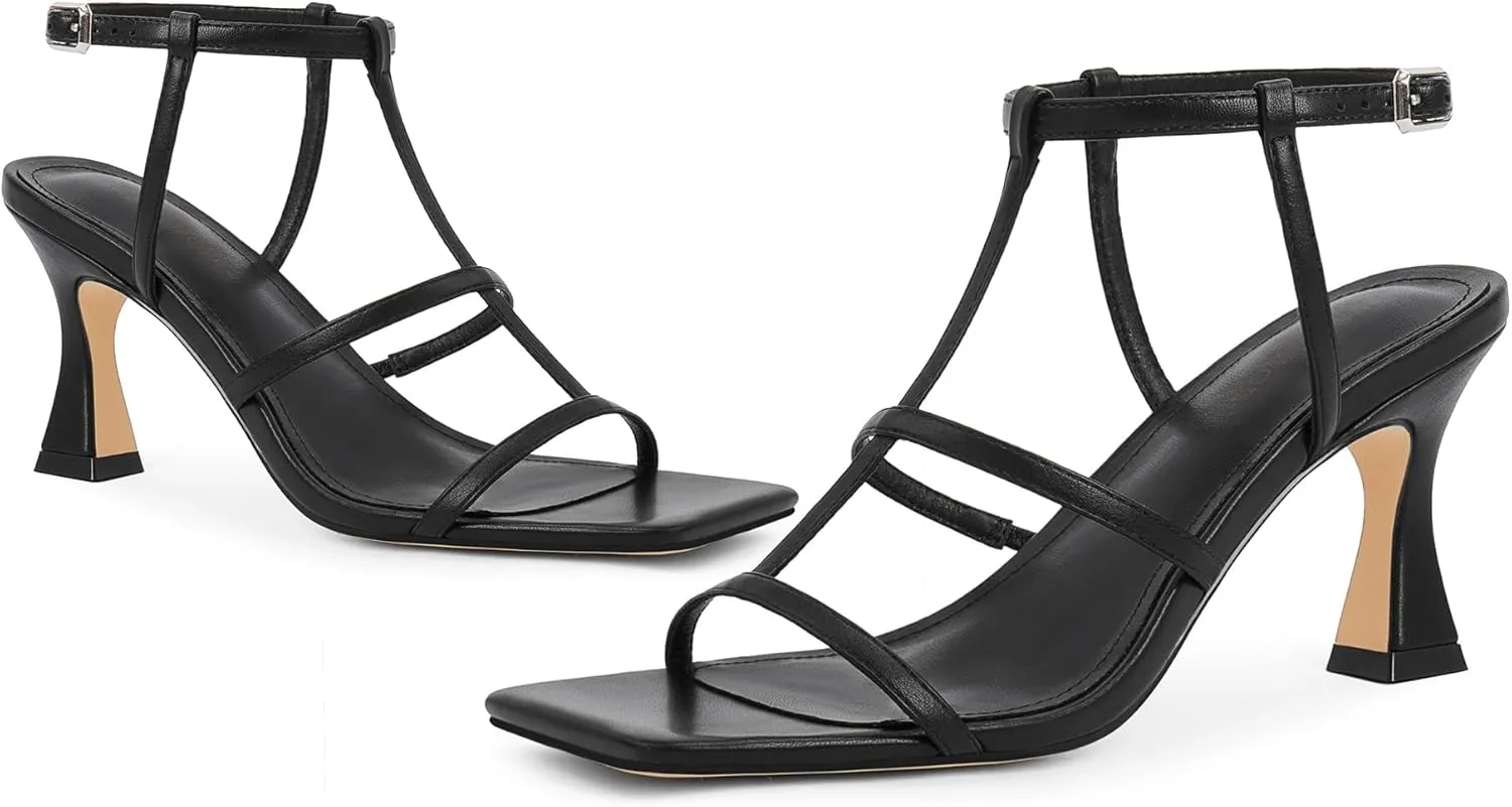 Modatope Strappy Sandals Women Square Toe Ankle Strap Kitten Stiletto Heeled Sandals Open Toe T-Strap Gladiator Sandals