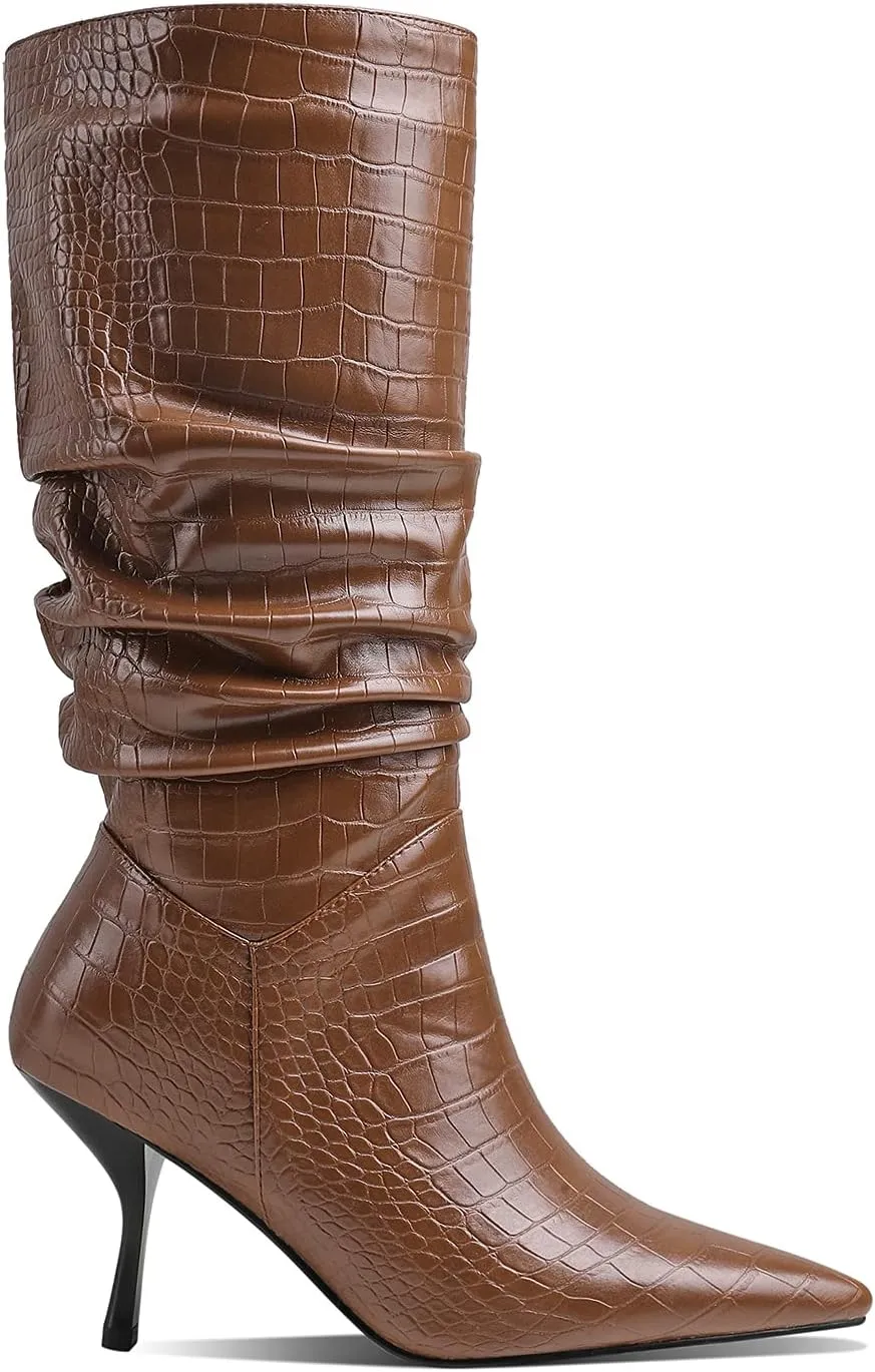 MOOMMO Women's Low Kitten Heel Mid Calf Western Boots Pointed Toe Wide Calf Animal Print Slouchy Combat Boots Pull On 2 Inch heel Pleated Crocodile Snakeskin Boots Knee High Dressy Comfort 4-11 M US