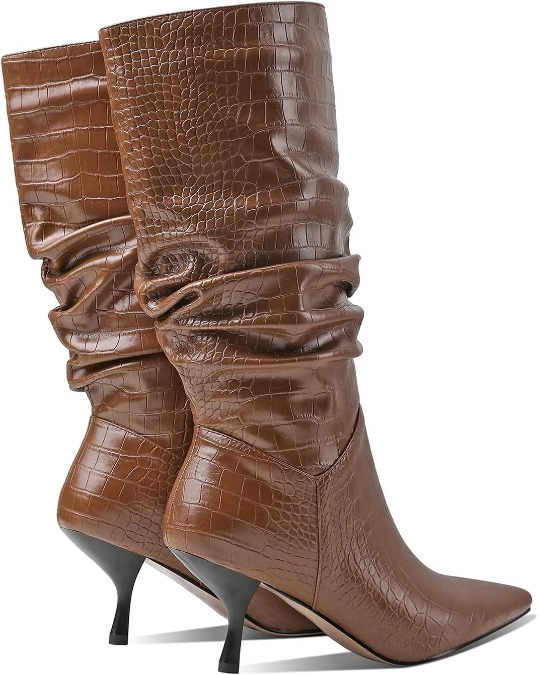MOOMMO Women's Low Kitten Heel Mid Calf Western Boots Pointed Toe Wide Calf Animal Print Slouchy Combat Boots Pull On 2 Inch heel Pleated Crocodile Snakeskin Boots Knee High Dressy Comfort 4-11 M US