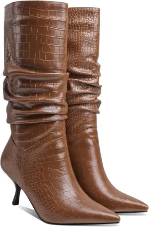 MOOMMO Women's Low Kitten Heel Mid Calf Western Boots Pointed Toe Wide Calf Animal Print Slouchy Combat Boots Pull On 2 Inch heel Pleated Crocodile Snakeskin Boots Knee High Dressy Comfort 4-11 M US