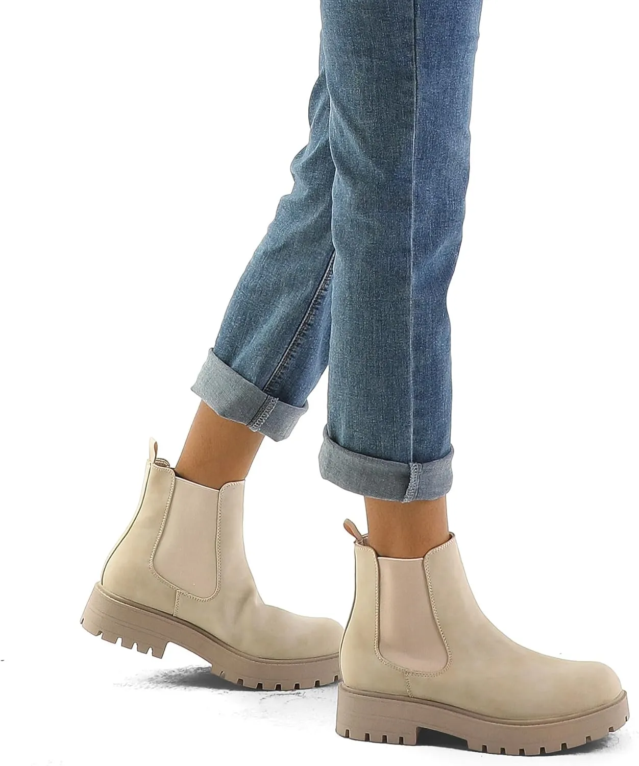 mysoft Women's Chelsea boots Low Heel Slip On Lug Sole Elastic Ankle Booties