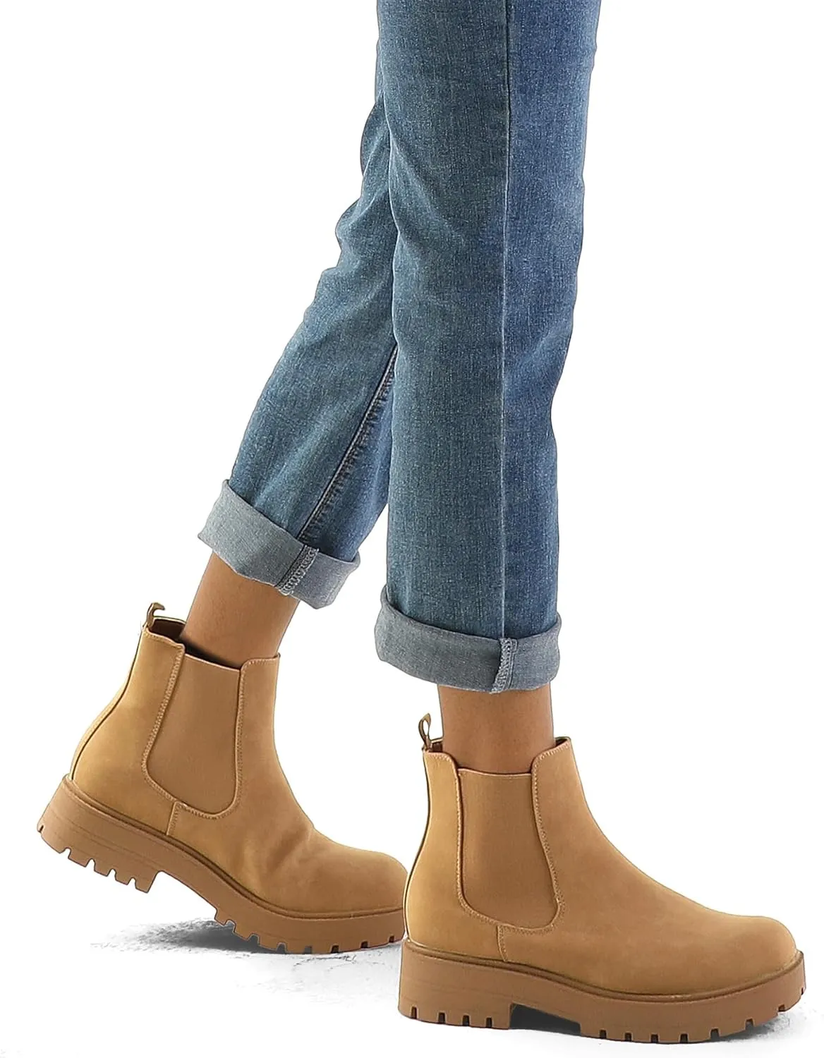 mysoft Women's Chelsea boots Low Heel Slip On Lug Sole Elastic Ankle Booties