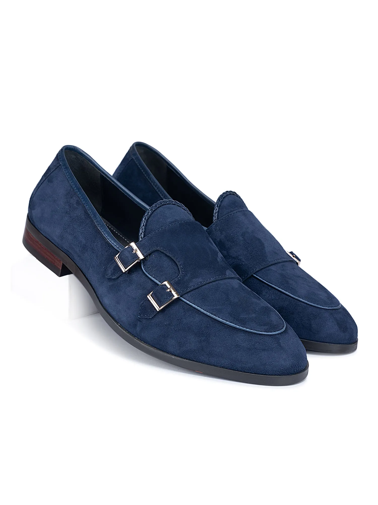 Navy Suede Leather Monk Strap Shoes