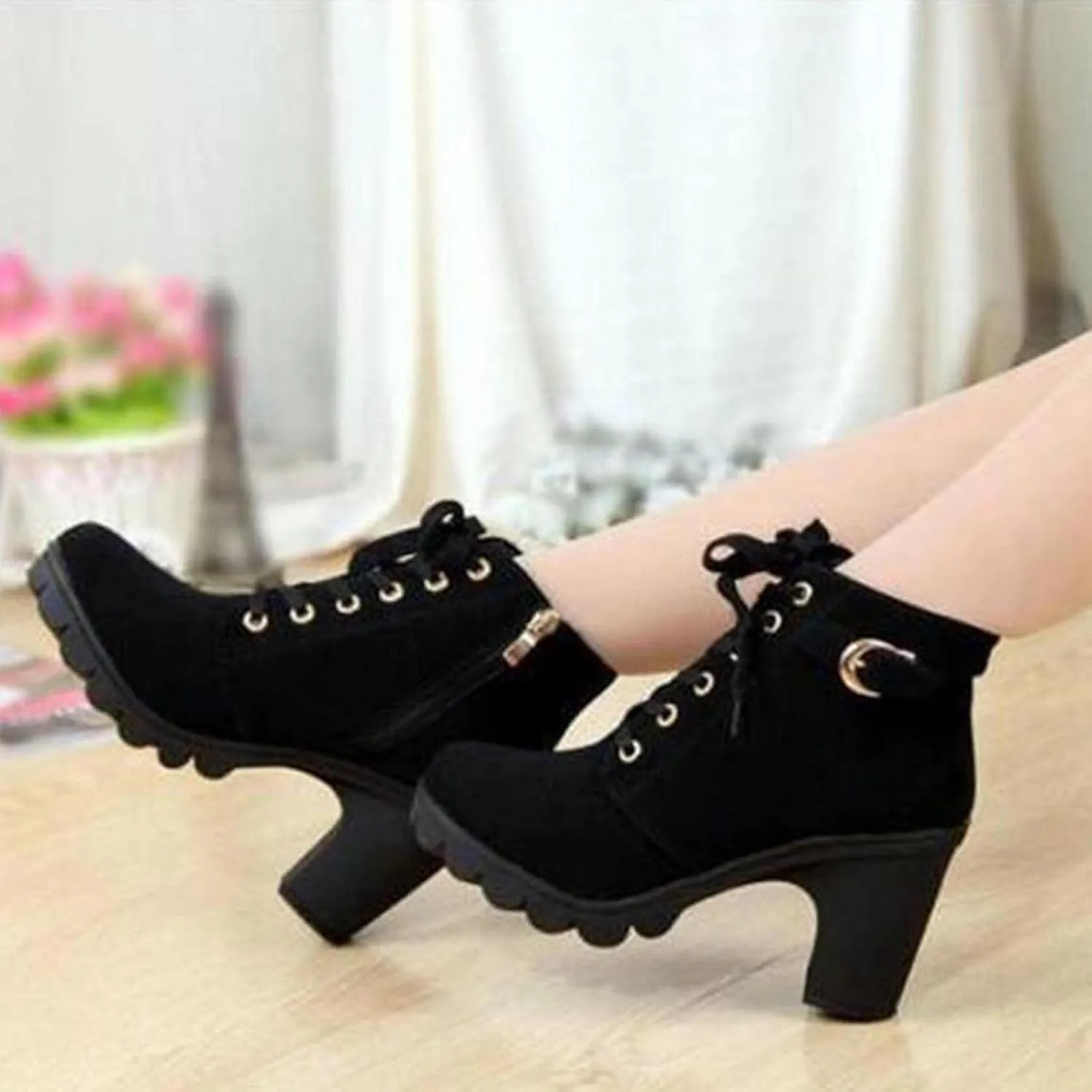 oiangi Boots for Women Chunky Heel Ankle Booties Fashion Round Toe Lace Up Belt Buckle Side Zipper Block High Heel Boots Solid Casual Comfy Ladies Shoes