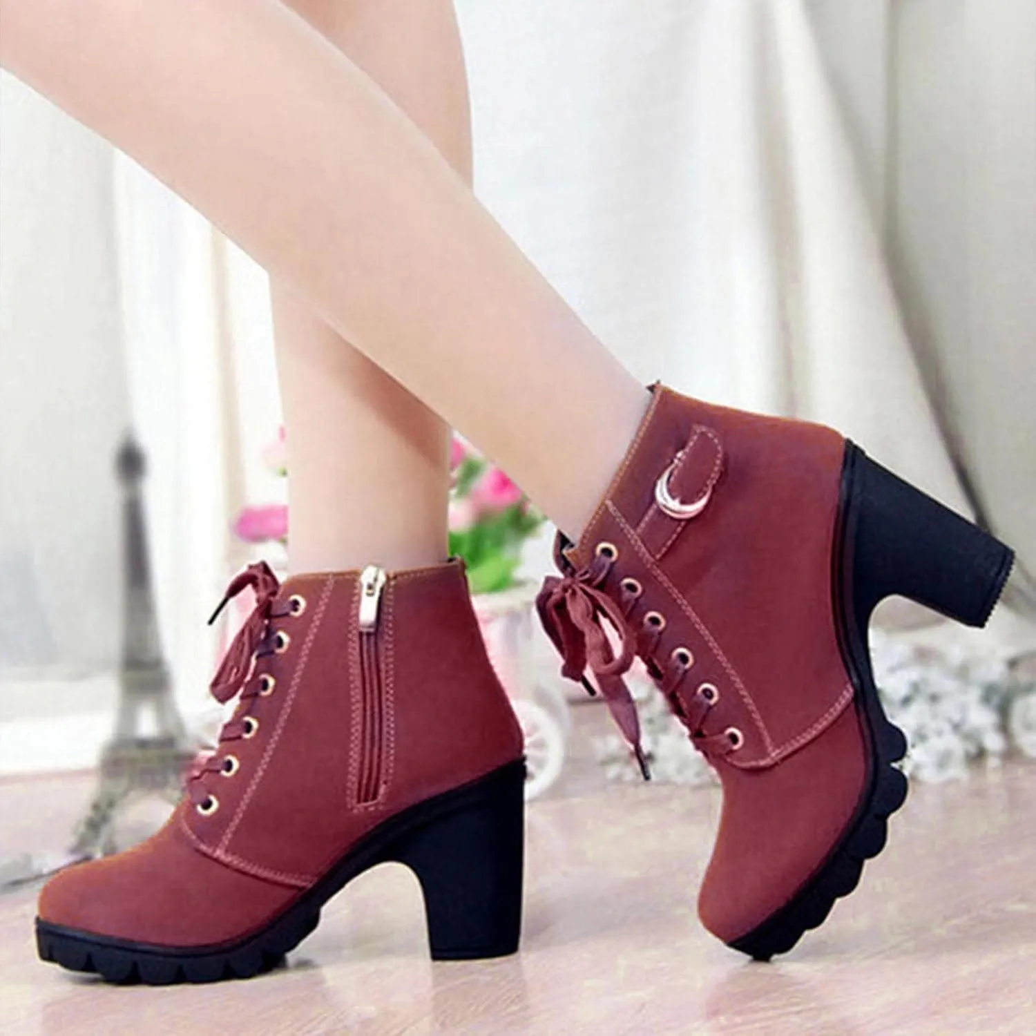 oiangi Boots for Women Chunky Heel Ankle Booties Fashion Round Toe Lace Up Belt Buckle Side Zipper Block High Heel Boots Solid Casual Comfy Ladies Shoes