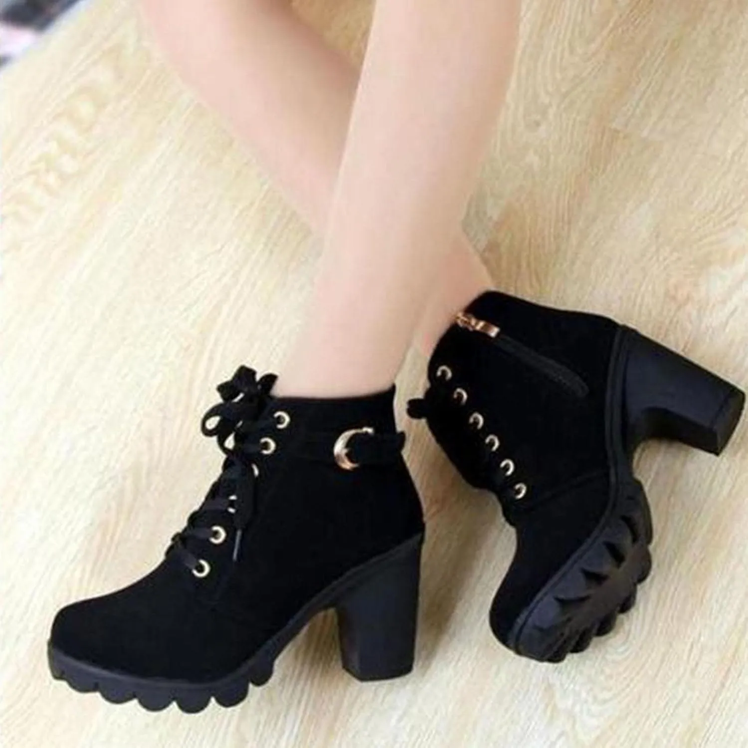 oiangi Boots for Women Chunky Heel Ankle Booties Fashion Round Toe Lace Up Belt Buckle Side Zipper Block High Heel Boots Solid Casual Comfy Ladies Shoes
