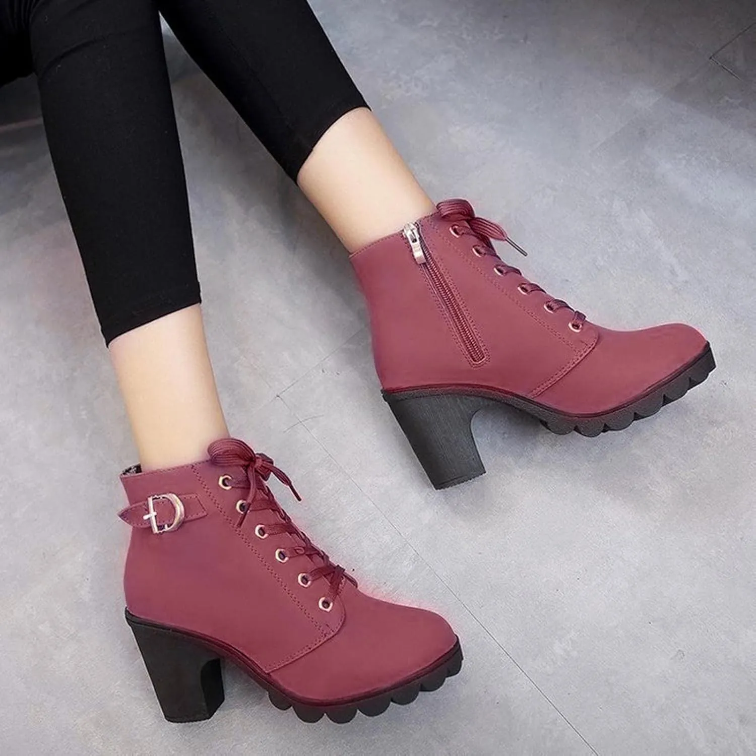 oiangi Boots for Women Chunky Heel Ankle Booties Fashion Round Toe Lace Up Belt Buckle Side Zipper Block High Heel Boots Solid Casual Comfy Ladies Shoes