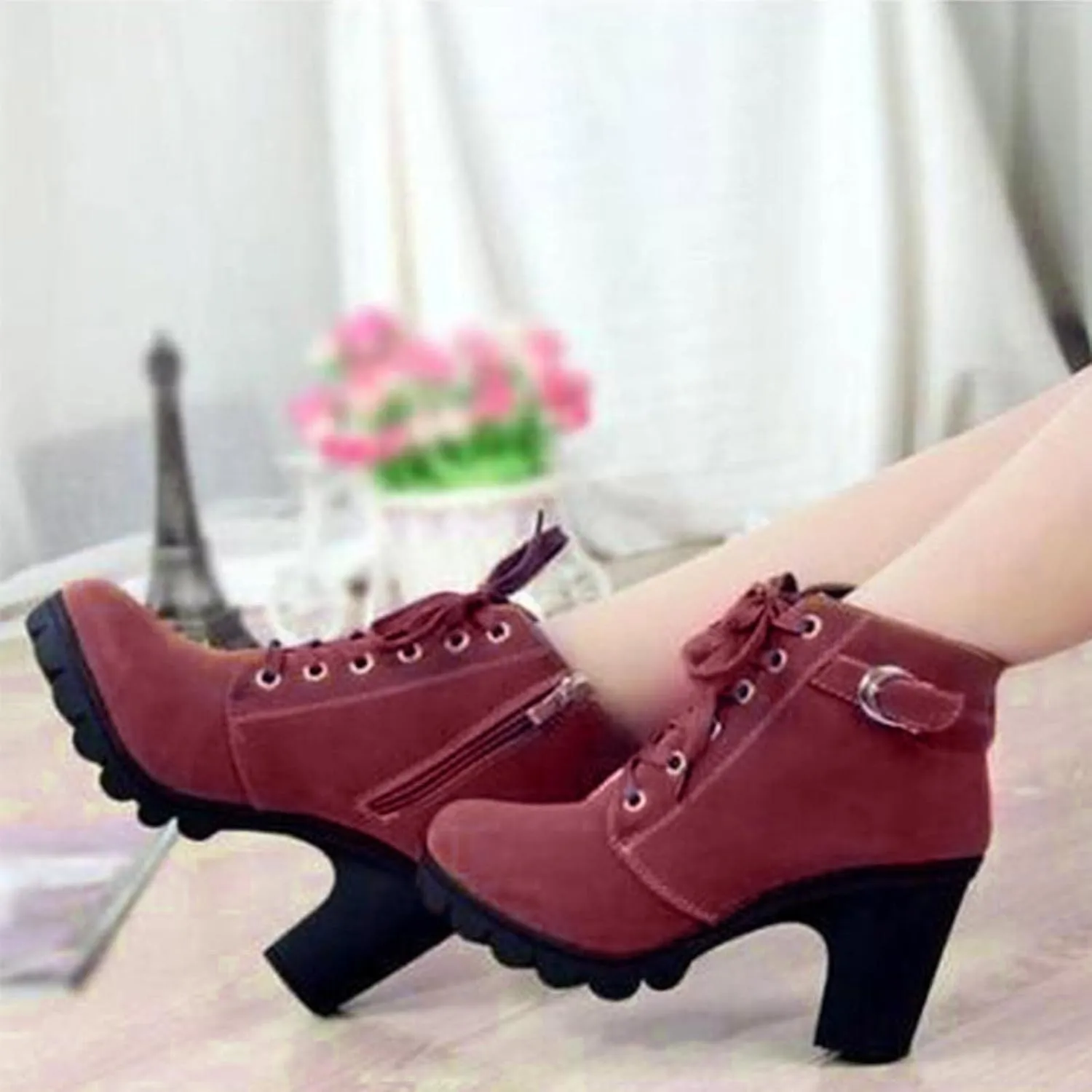 oiangi Boots for Women Chunky Heel Ankle Booties Fashion Round Toe Lace Up Belt Buckle Side Zipper Block High Heel Boots Solid Casual Comfy Ladies Shoes