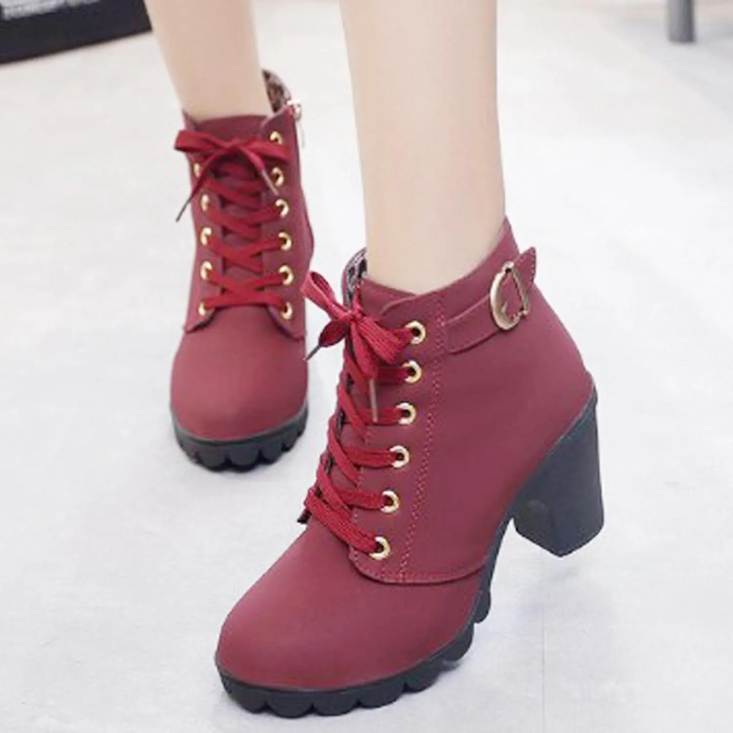 oiangi Boots for Women Chunky Heel Ankle Booties Fashion Round Toe Lace Up Belt Buckle Side Zipper Block High Heel Boots Solid Casual Comfy Ladies Shoes