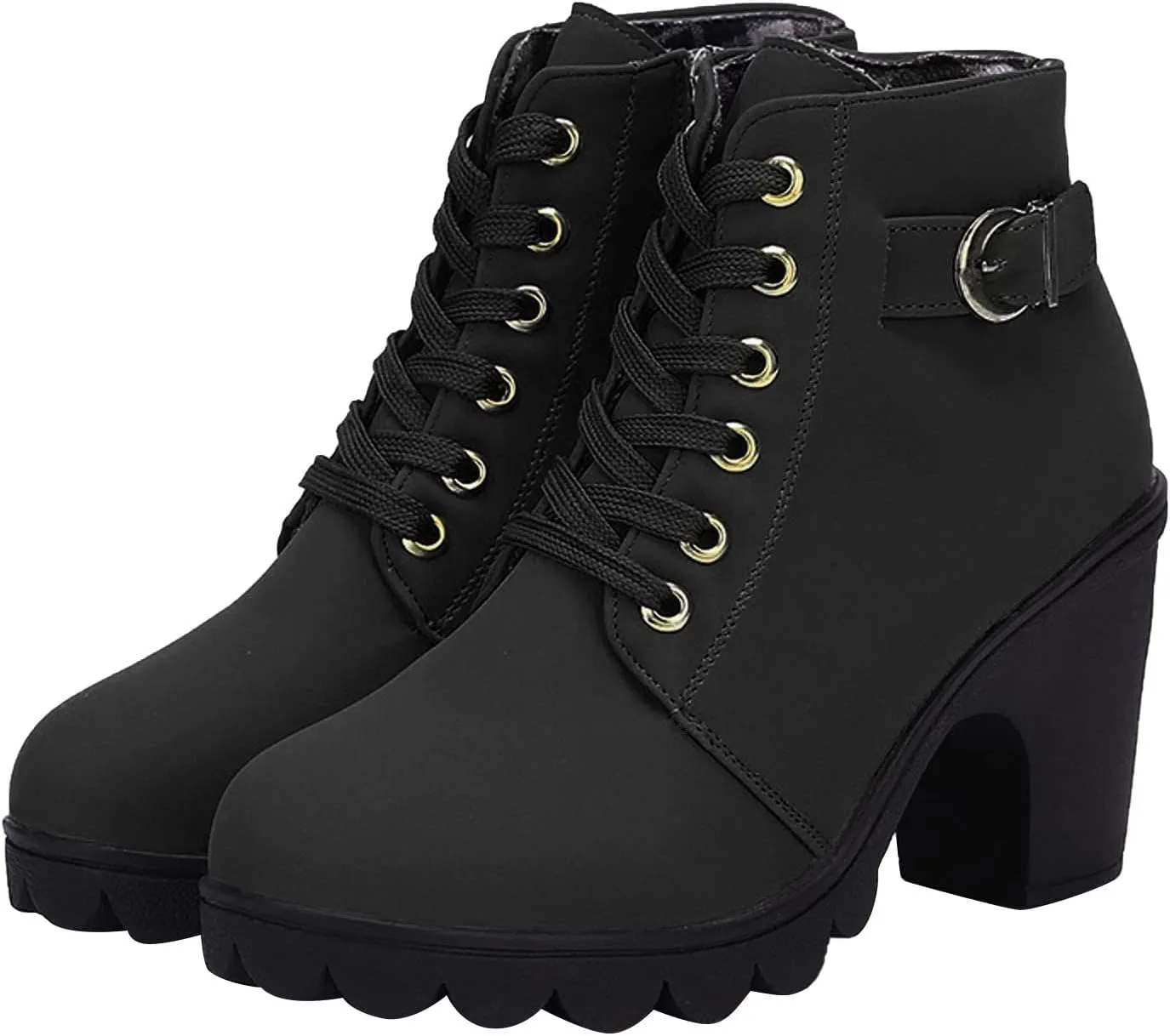 oiangi Boots for Women Chunky Heel Ankle Booties Fashion Round Toe Lace Up Belt Buckle Side Zipper Block High Heel Boots Solid Casual Comfy Ladies Shoes