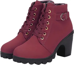 oiangi Boots for Women Chunky Heel Ankle Booties Fashion Round Toe Lace Up Belt Buckle Side Zipper Block High Heel Boots Solid Casual Comfy Ladies Shoes