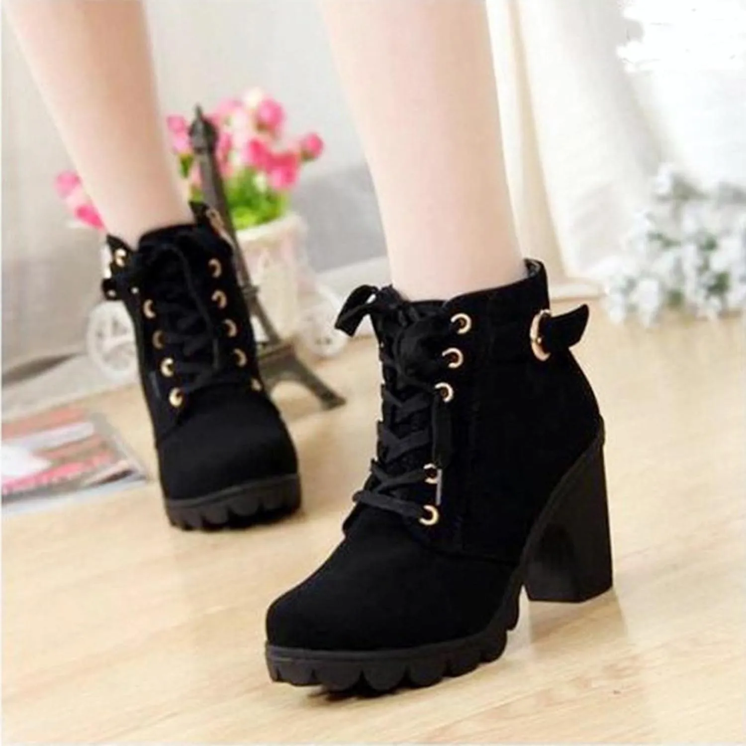 oiangi Boots for Women Chunky Heel Ankle Booties Fashion Round Toe Lace Up Belt Buckle Side Zipper Block High Heel Boots Solid Casual Comfy Ladies Shoes