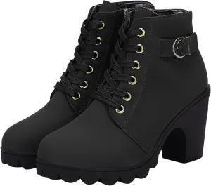 oiangi Boots for Women Chunky Heel Ankle Booties Fashion Round Toe Lace Up Belt Buckle Side Zipper Block High Heel Boots Solid Casual Comfy Ladies Shoes