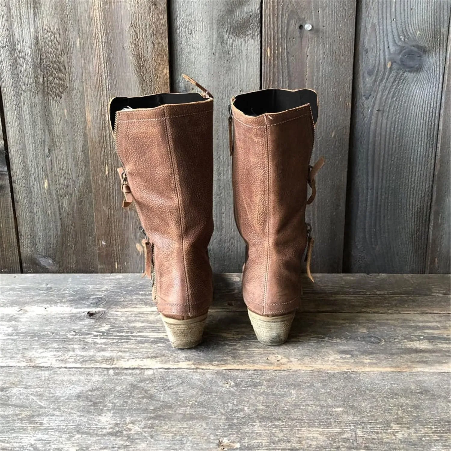 Oiangi Women Western Cowboy Chunky Boots - Vintage Casual Round Toe Side Zipper Block Mid Heel Mid-calf Solid Comfy Motorcycle Casual Shoes