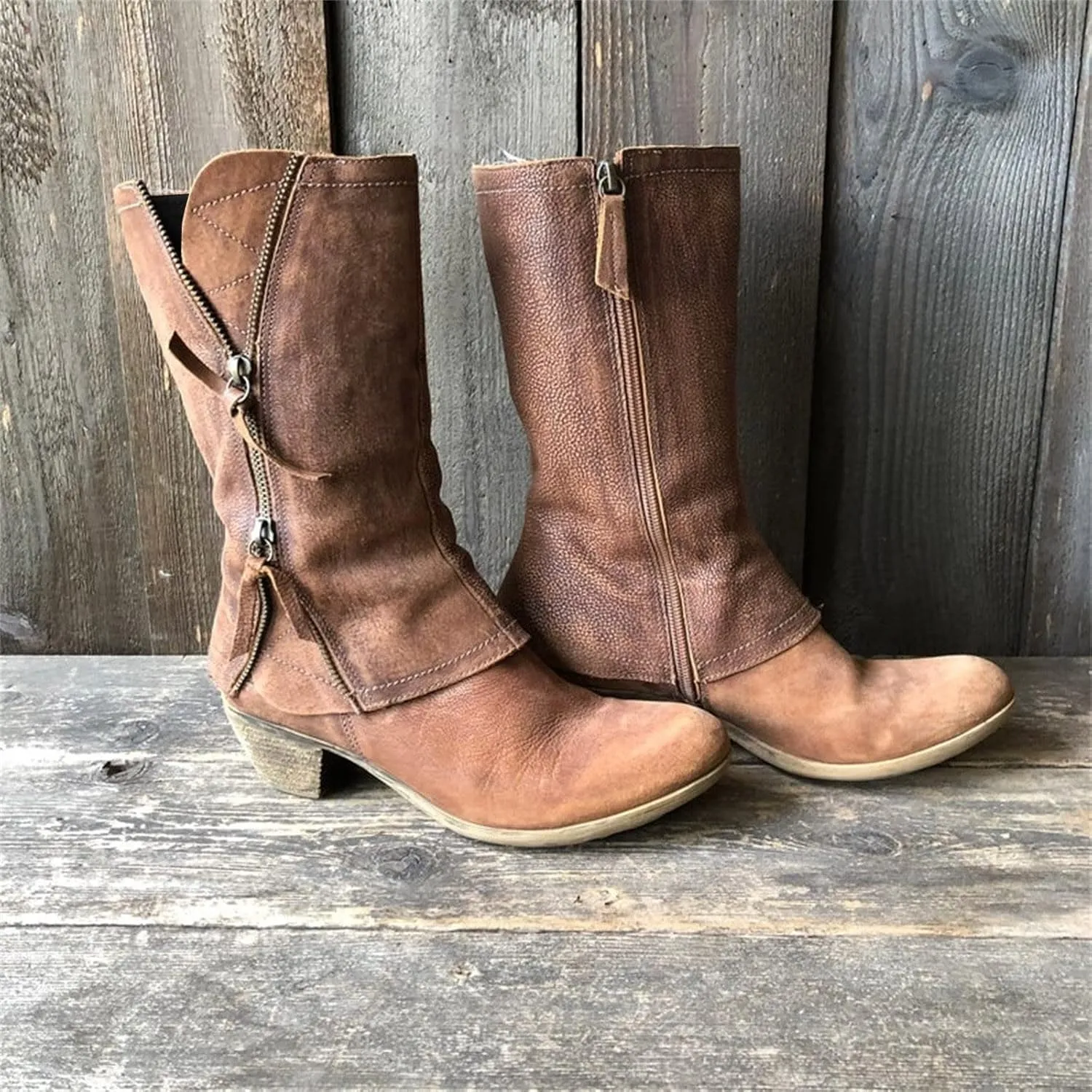 Oiangi Women Western Cowboy Chunky Boots - Vintage Casual Round Toe Side Zipper Block Mid Heel Mid-calf Solid Comfy Motorcycle Casual Shoes
