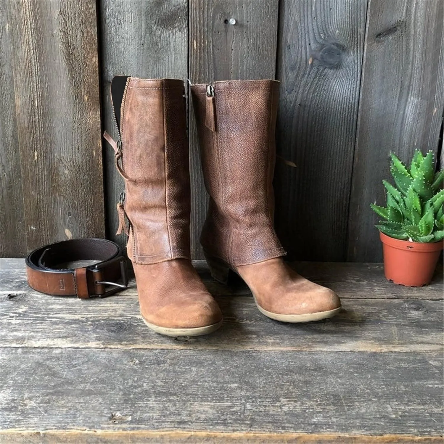 Oiangi Women Western Cowboy Chunky Boots - Vintage Casual Round Toe Side Zipper Block Mid Heel Mid-calf Solid Comfy Motorcycle Casual Shoes