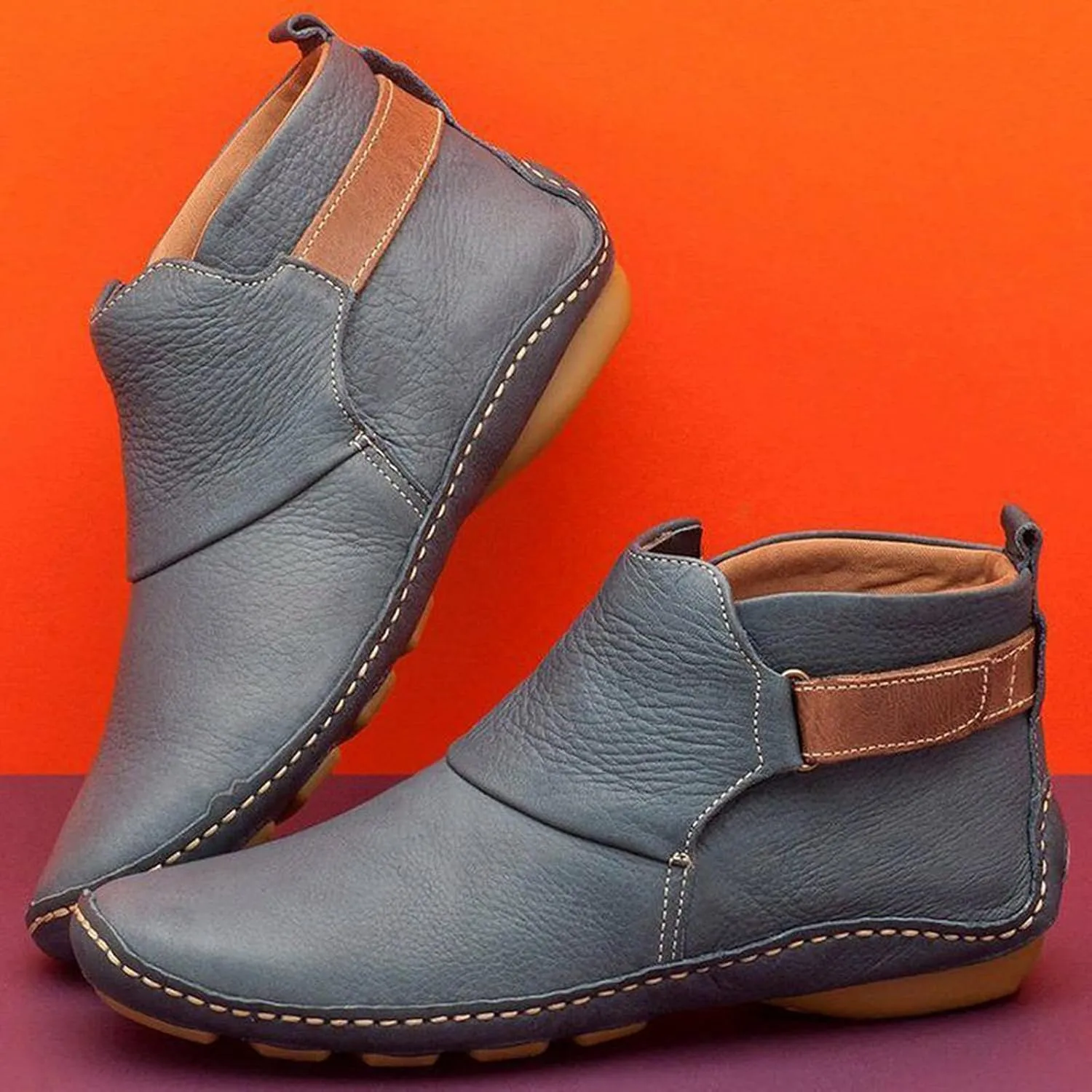 oiangi Womens Ankle Boots Fashion Buckle Strap Round Toe Low Wedge Heel Booties Retro Comfortable Casual Non-slip Riding Shoes