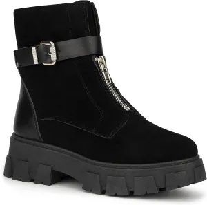 Olivia Miller Women's Fashion Shoes, Faux Suede Lug Sole Front Zip Ankle Strap Chunky Heel Round Toe Casual Classic Bootie Ankle Combat Boots