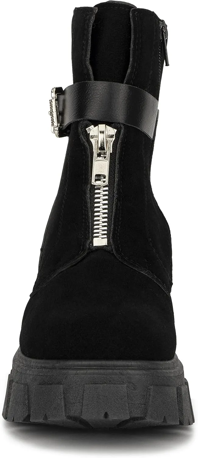 Olivia Miller Women's Fashion Shoes, Faux Suede Lug Sole Front Zip Ankle Strap Chunky Heel Round Toe Casual Classic Bootie Ankle Combat Boots