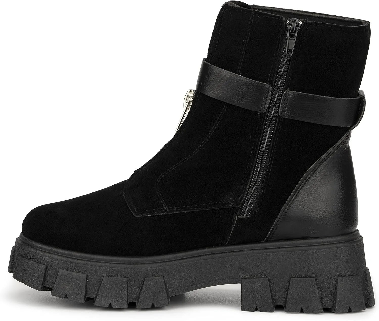 Olivia Miller Women's Fashion Shoes, Faux Suede Lug Sole Front Zip Ankle Strap Chunky Heel Round Toe Casual Classic Bootie Ankle Combat Boots