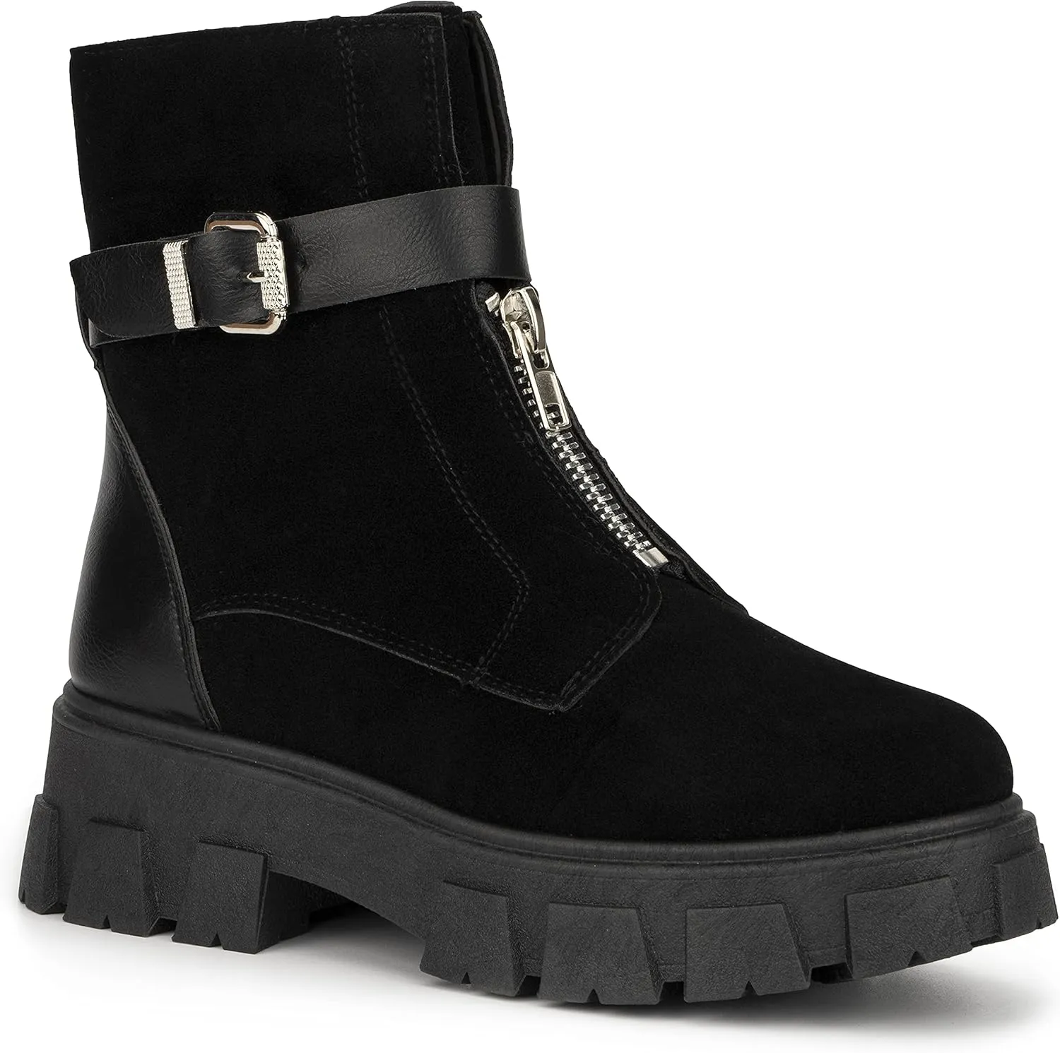 Olivia Miller Women's Fashion Shoes, Faux Suede Lug Sole Front Zip Ankle Strap Chunky Heel Round Toe Casual Classic Bootie Ankle Combat Boots