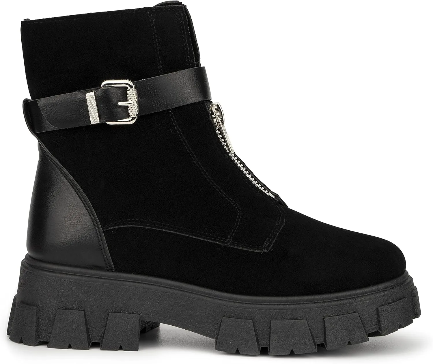 Olivia Miller Women's Fashion Shoes, Faux Suede Lug Sole Front Zip Ankle Strap Chunky Heel Round Toe Casual Classic Bootie Ankle Combat Boots