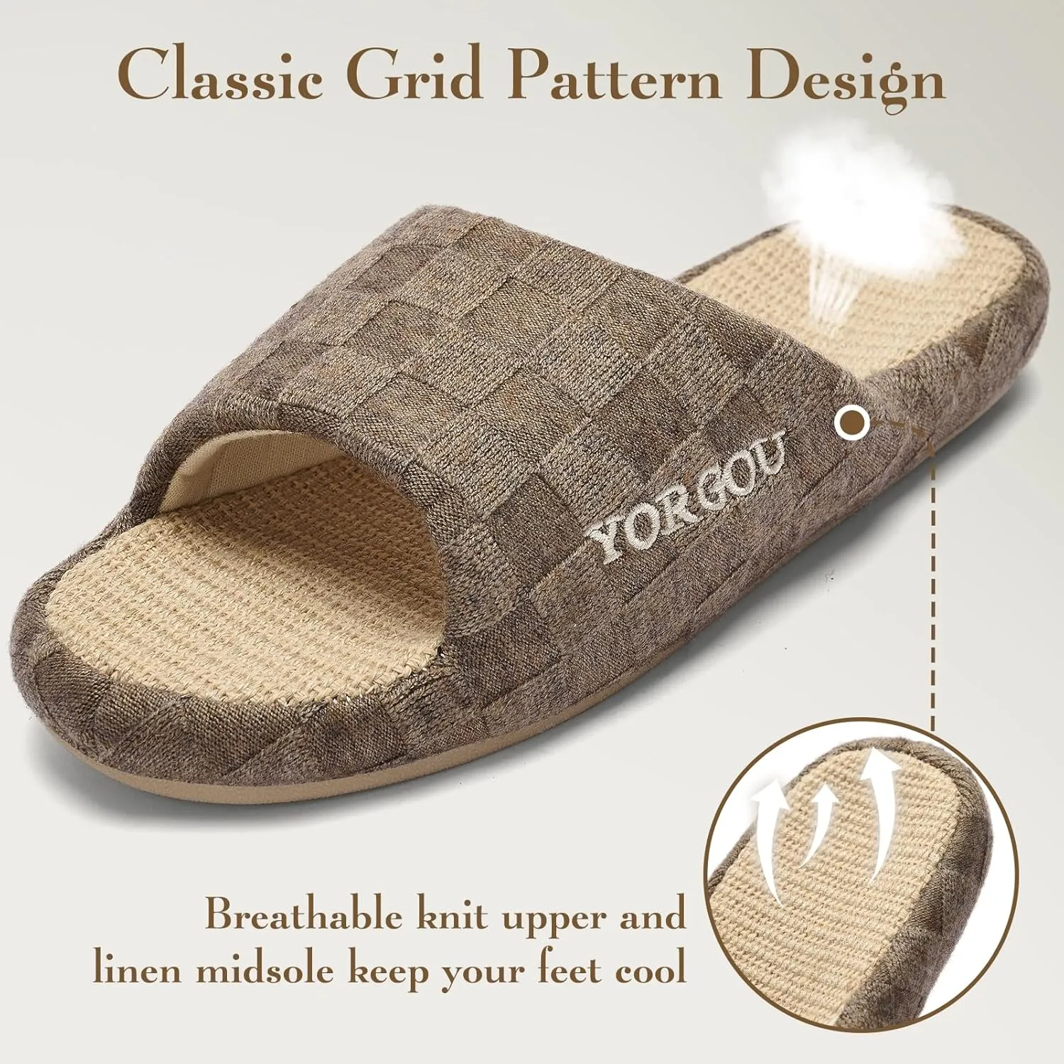 Open Toe Slippers for Women - Unisex Non-Slip Comfy House Slippers Linen Slip On Ladies Slides Breathable Indoor Shoes Washable