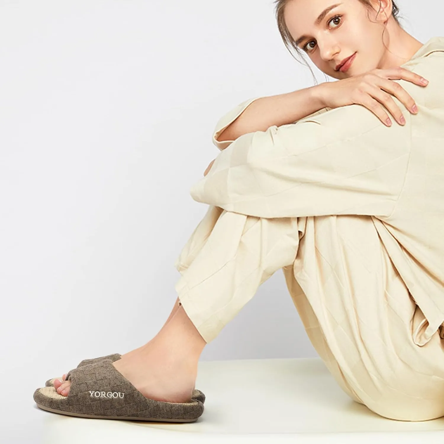 Open Toe Slippers for Women - Unisex Non-Slip Comfy House Slippers Linen Slip On Ladies Slides Breathable Indoor Shoes Washable