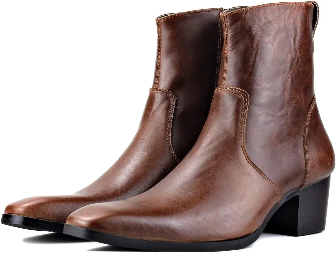 OSSTONE Dress Boot for Men Leather Chukka Designer Boots Calfskin Casual Heel Shoes Footwear Zipper-up OS-JY002-Black-Calfskin-US