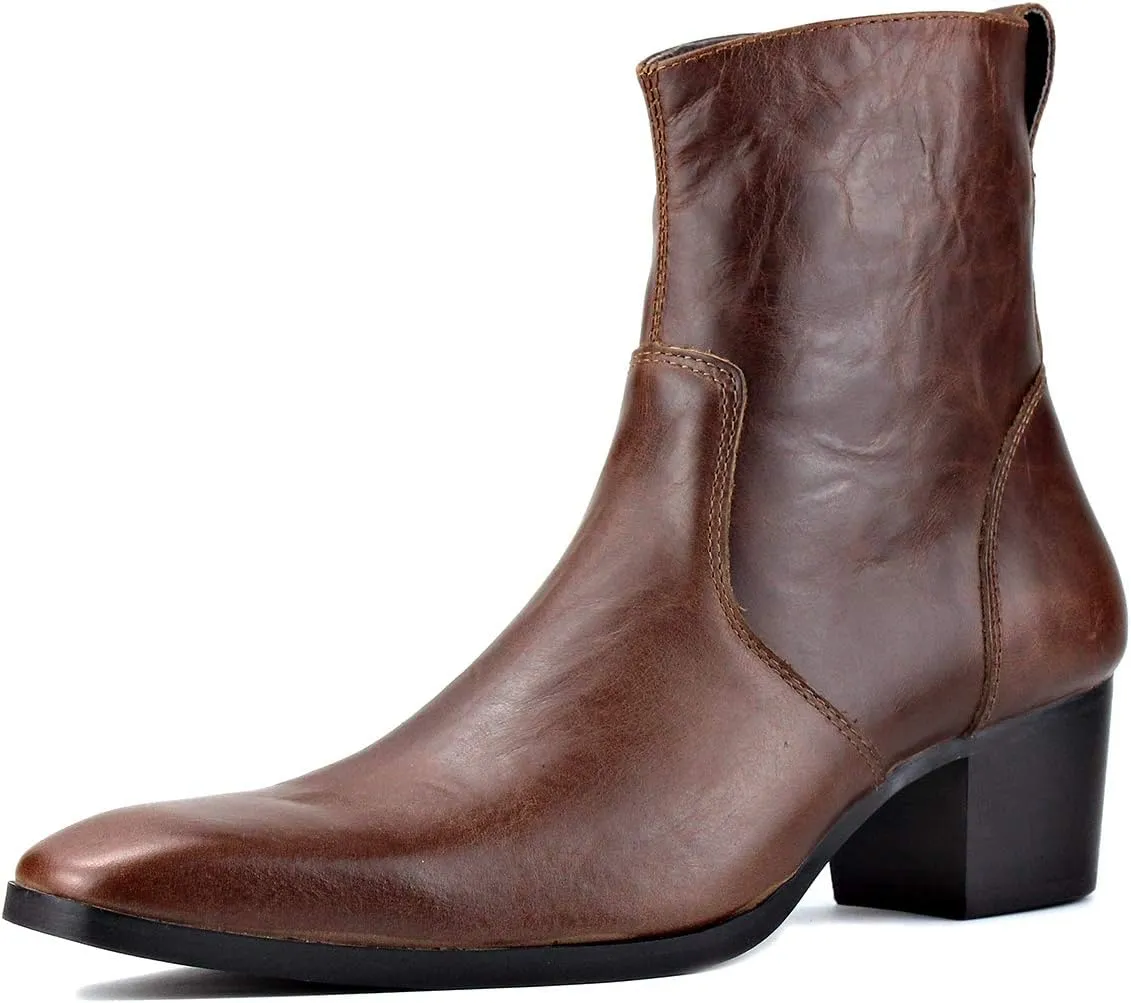 OSSTONE Dress Boot for Men Leather Chukka Designer Boots Calfskin Casual Heel Shoes Footwear Zipper-up OS-JY002-Black-Calfskin-US
