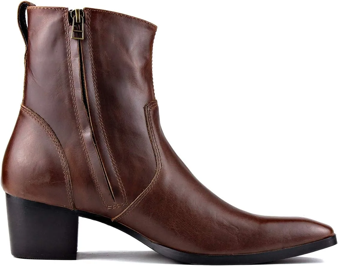 OSSTONE Dress Boot for Men Leather Chukka Designer Boots Calfskin Casual Heel Shoes Footwear Zipper-up OS-JY002-Black-Calfskin-US