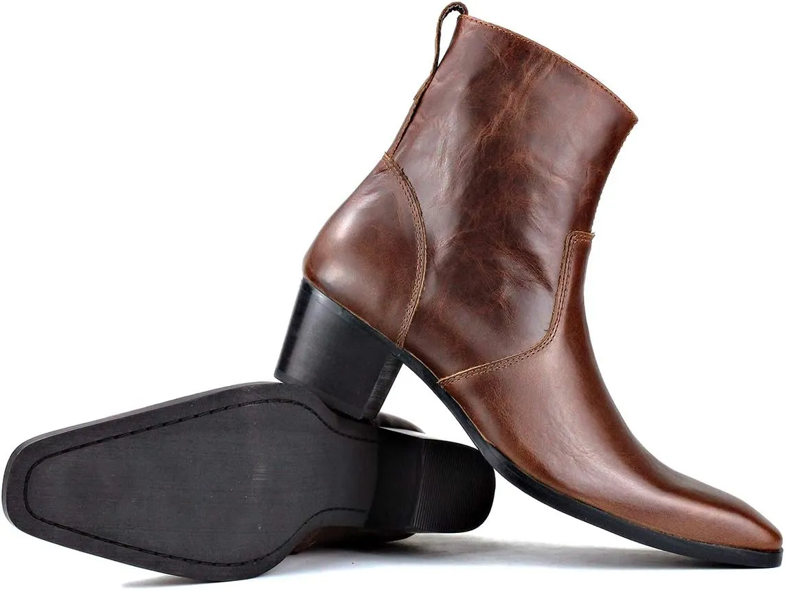 OSSTONE Dress Boot for Men Leather Chukka Designer Boots Calfskin Casual Heel Shoes Footwear Zipper-up OS-JY002-Black-Calfskin-US