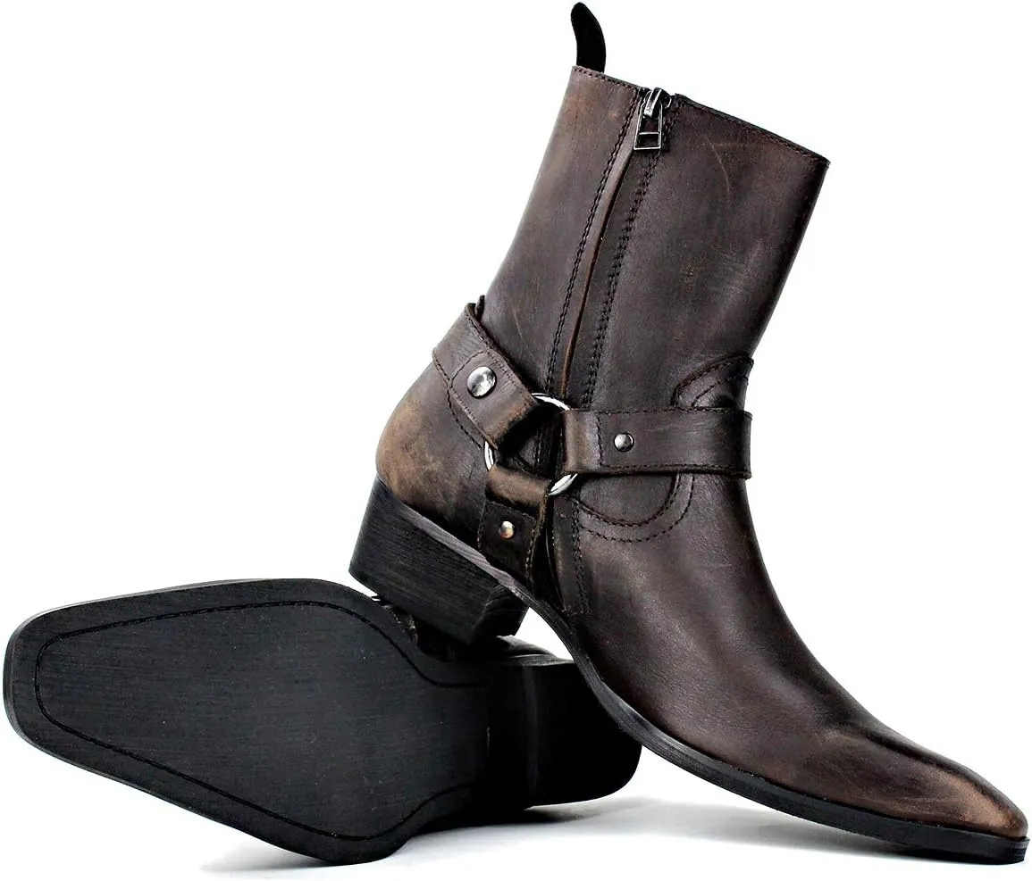 OSSTONE Men Chelsea Ankle Boots Leather Chukka Motorcycle Boots with Side Zipper Heel Retro Dress Boots JY017-R