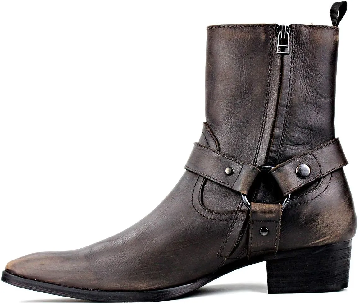 OSSTONE Men Chelsea Ankle Boots Leather Chukka Motorcycle Boots with Side Zipper Heel Retro Dress Boots JY017-R