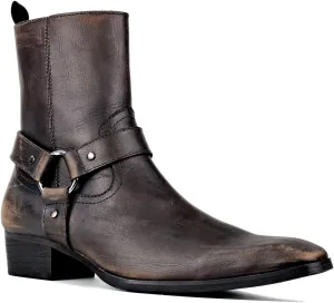 OSSTONE Men Chelsea Ankle Boots Leather Chukka Motorcycle Boots with Side Zipper Heel Retro Dress Boots JY017-R