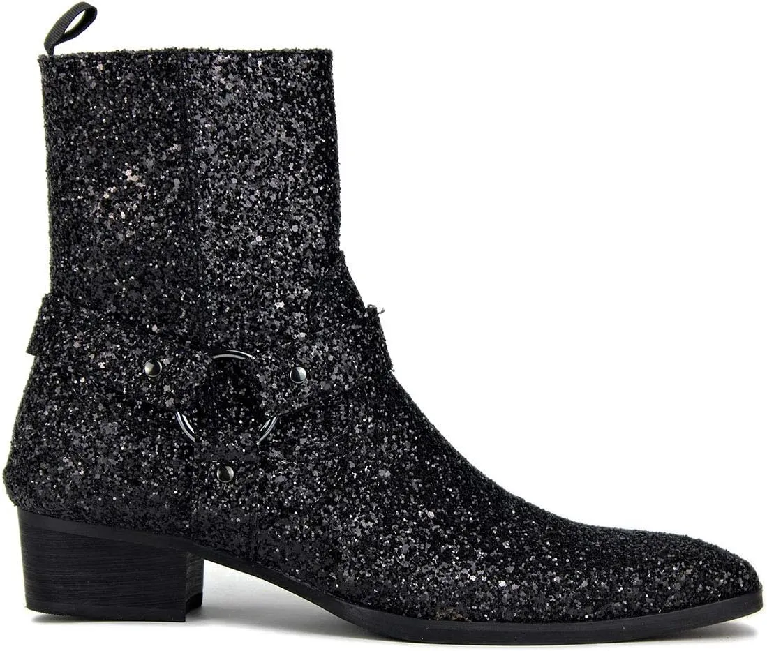 OSSTONE Men Chelsea Ankle Boots Leather Chukka Motorcycle Boots with Side Zipper Heel Retro Dress Boots JY017-R