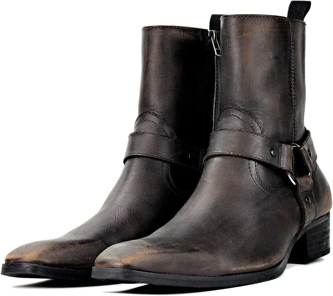 OSSTONE Men Chelsea Ankle Boots Leather Chukka Motorcycle Boots with Side Zipper Heel Retro Dress Boots JY017-R