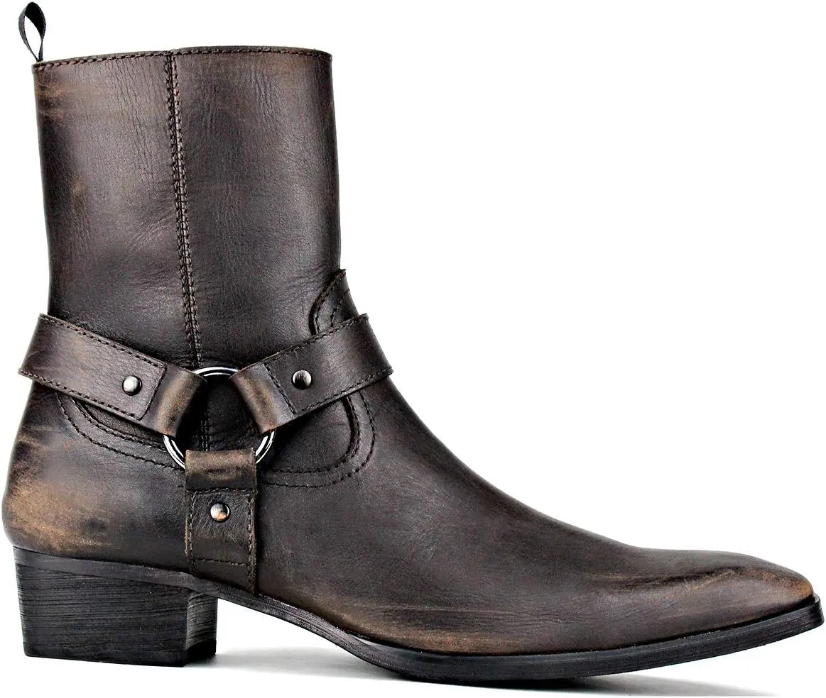 OSSTONE Men Chelsea Ankle Boots Leather Chukka Motorcycle Boots with Side Zipper Heel Retro Dress Boots JY017-R