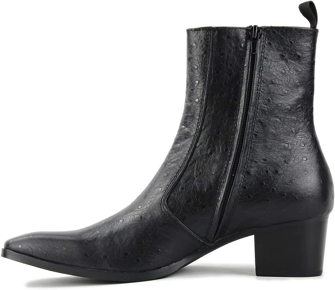 OSSTONE Men Chelsea Ankle Boots Leather Ostrich Print Western Cowboy Boots with Side Zipper Heel Dress Boots JY014