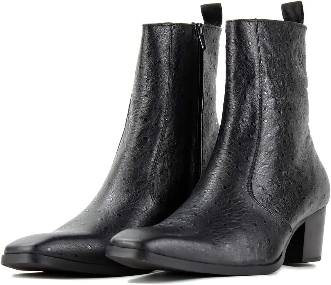 OSSTONE Men Chelsea Ankle Boots Leather Ostrich Print Western Cowboy Boots with Side Zipper Heel Dress Boots JY014