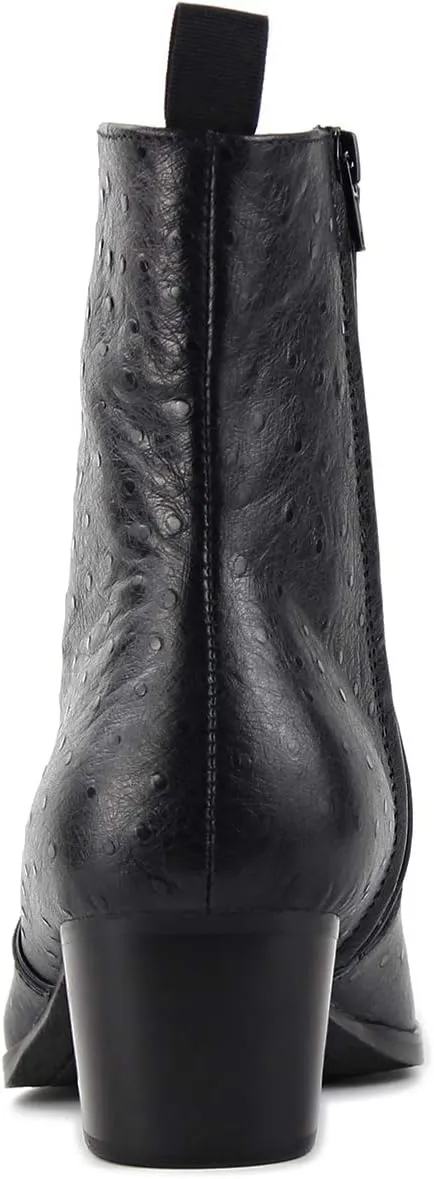 OSSTONE Men Chelsea Ankle Boots Leather Ostrich Print Western Cowboy Boots with Side Zipper Heel Dress Boots JY014