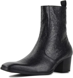 OSSTONE Men Chelsea Ankle Boots Leather Ostrich Print Western Cowboy Boots with Side Zipper Heel Dress Boots JY014