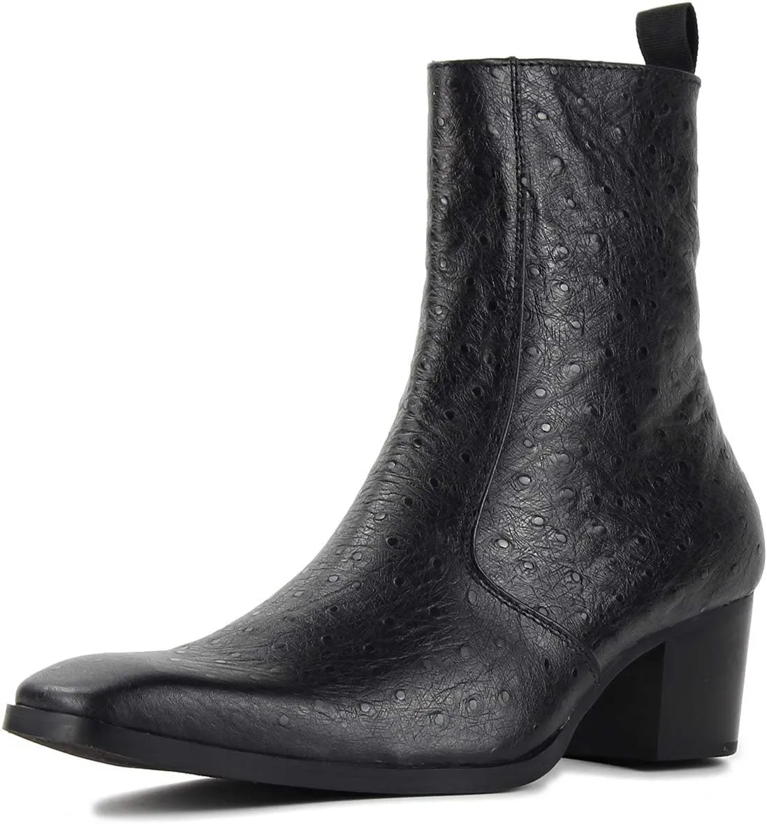 OSSTONE Men Chelsea Ankle Boots Leather Ostrich Print Western Cowboy Boots with Side Zipper Heel Dress Boots JY014