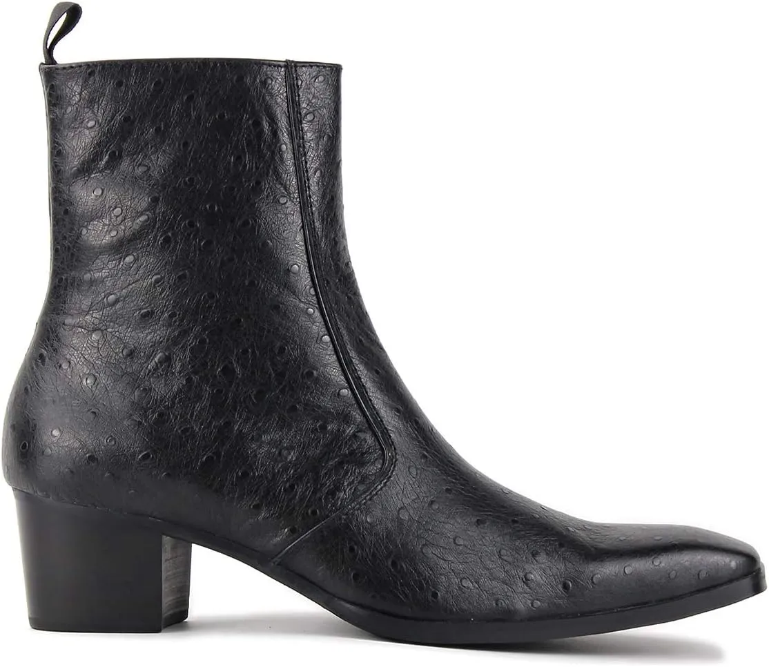 OSSTONE Men Chelsea Ankle Boots Leather Ostrich Print Western Cowboy Boots with Side Zipper Heel Dress Boots JY014