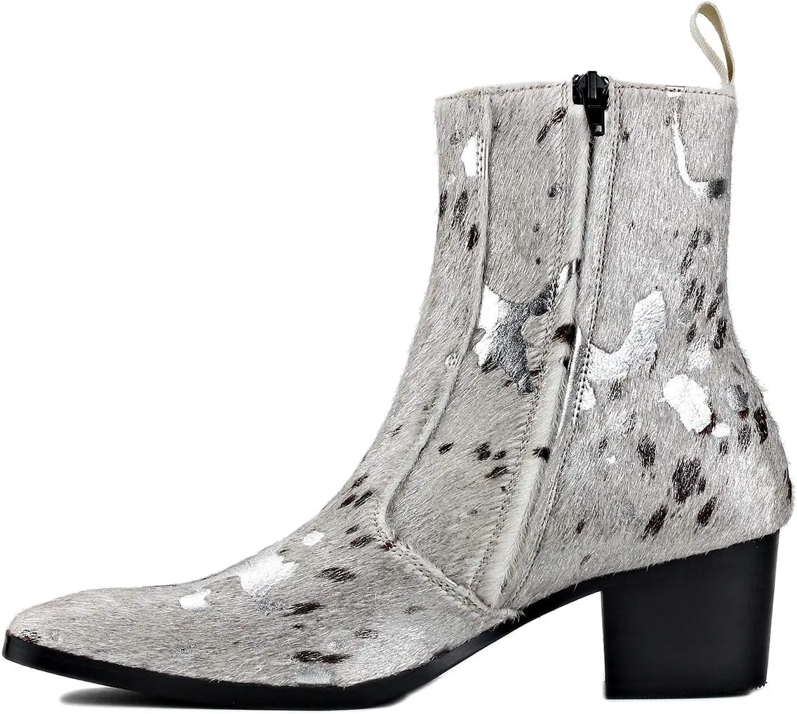 OSSTONE Men Chelsea Ankle Boots Leather Pony Hair Leopard Boot with Side Zipper Heel Boots JY012