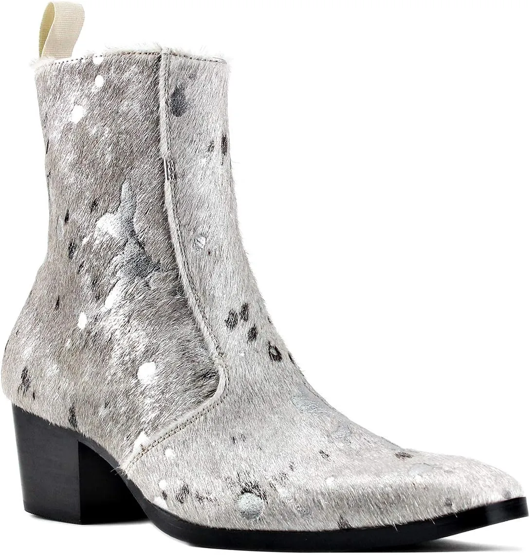 OSSTONE Men Chelsea Ankle Boots Leather Pony Hair Leopard Boot with Side Zipper Heel Boots JY012