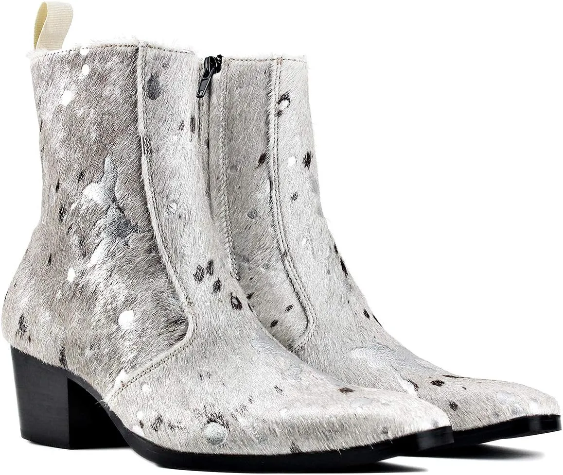OSSTONE Men Chelsea Ankle Boots Leather Pony Hair Leopard Boot with Side Zipper Heel Boots JY012