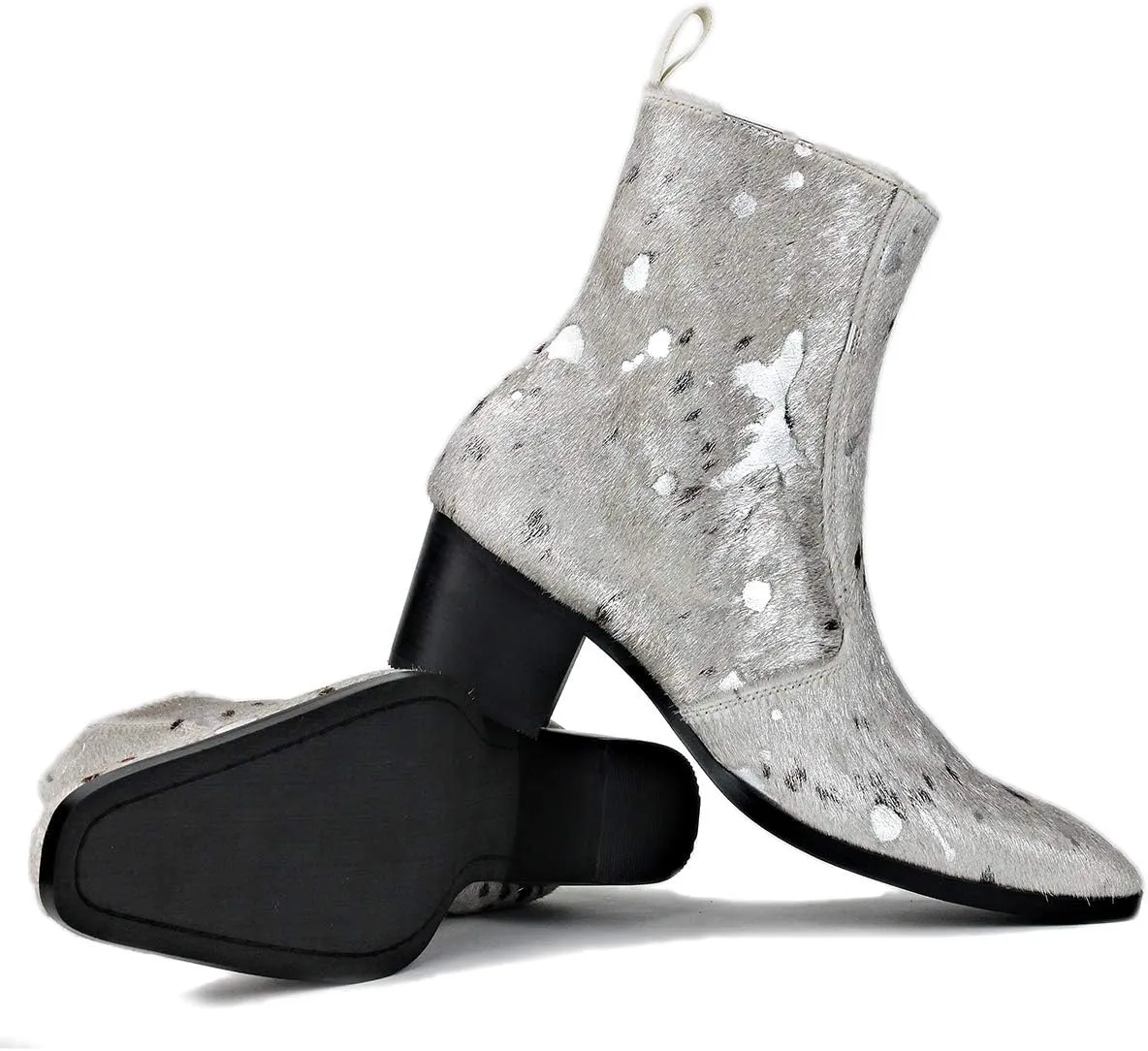 OSSTONE Men Chelsea Ankle Boots Leather Pony Hair Leopard Boot with Side Zipper Heel Boots JY012