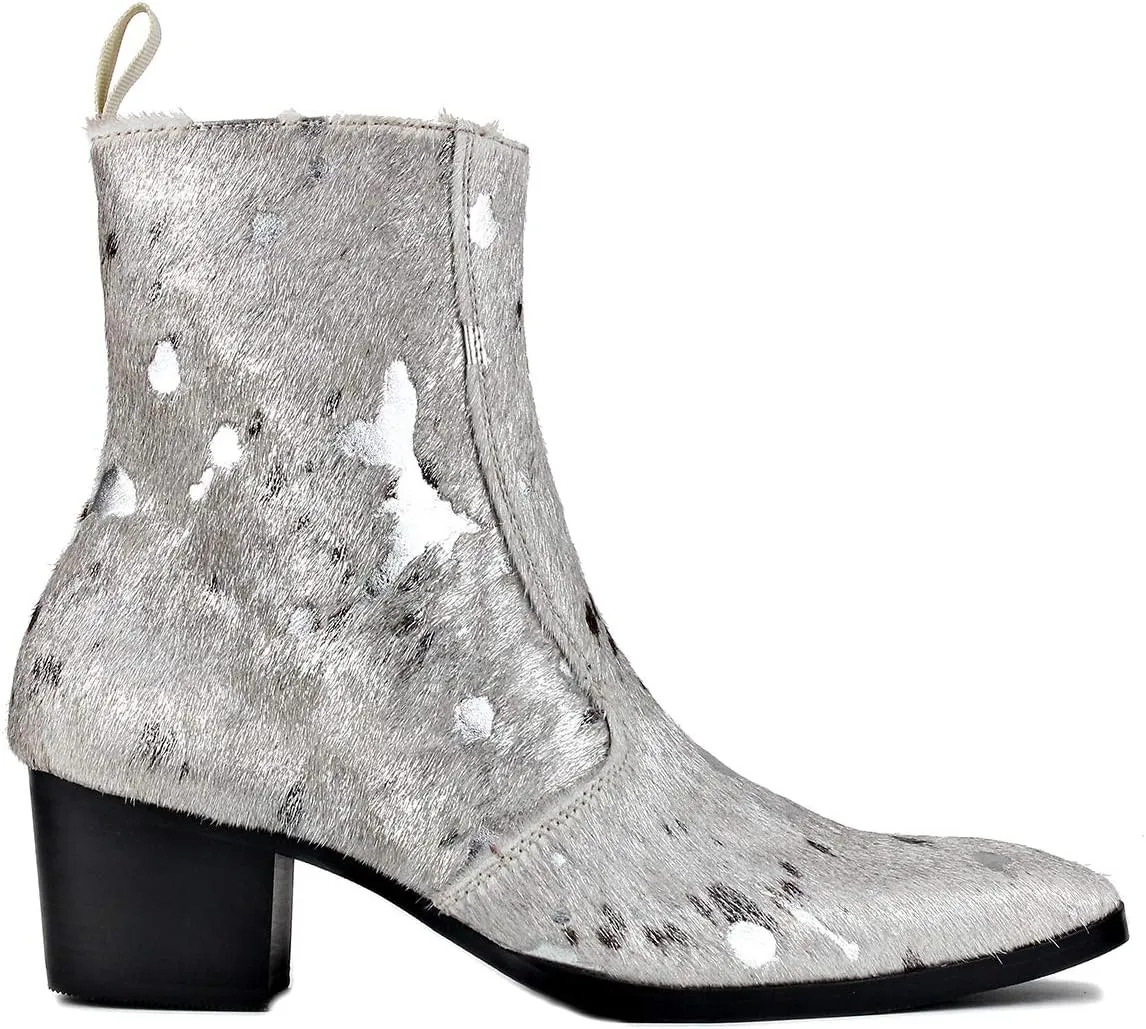 OSSTONE Men Chelsea Ankle Boots Leather Pony Hair Leopard Boot with Side Zipper Heel Boots JY012